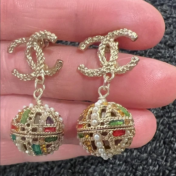 CHANEL Gold-Tone Double C Drop Earrings with Multicolor Enamel and Pearl Accents - Picture 3 of 15
